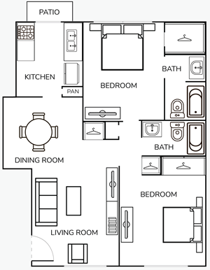 Two Bedroom / Two Bath -1100 Sq.Ft.*